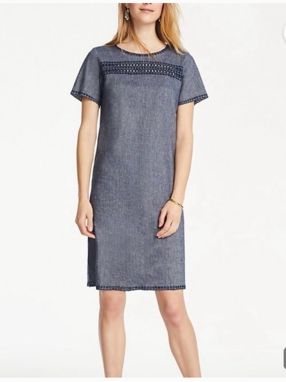 Ann Taylor Chambray Shift Dress with Eyelet Trim - Blue